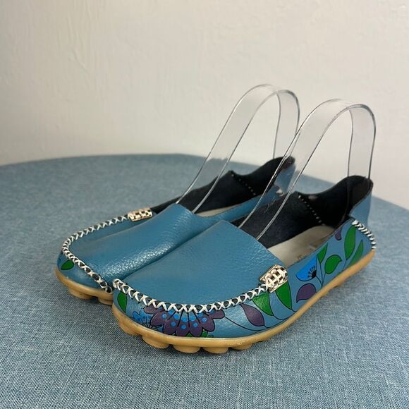 Floral Print Blue Leather Women's Slip On Loafers Size 8 - Picture 1 of 8